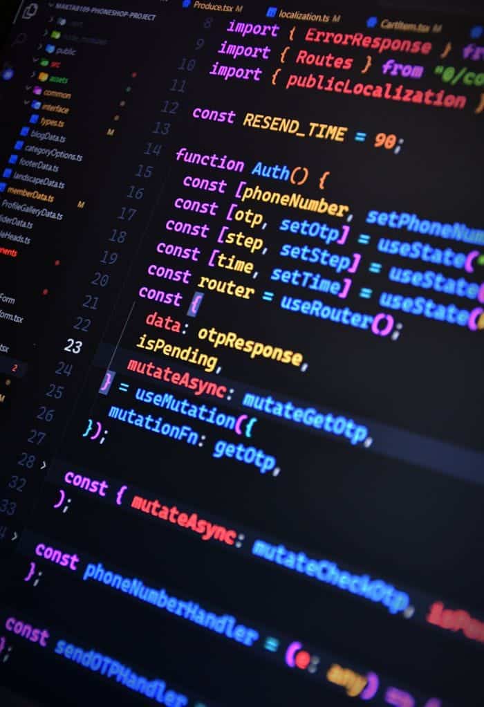 Vibrant JavaScript code on a screen showcasing front-end development with syntax highlighting.
